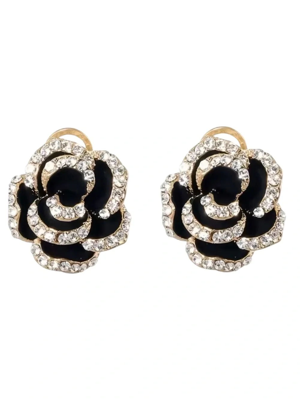 Rhinestone and Black Enamel Flower Stud Earrings